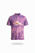 Load image into Gallery viewer, A purple and pink tie-dye short-sleeve polo shirt with a cartoon elephant graphic on the chest, displayed against a plain white background.
